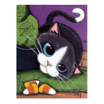 Tuxedo Cat Witches Hat & Candy Corn Halloween Postcard