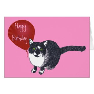 Tuxedo Cat with Balloon Happy Birthday Cards