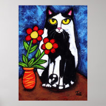 Tuxedo Cat With Flowers Art Poster / Print