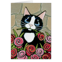 Tuxedo Cat with Red & Pink Roses Greeting Card