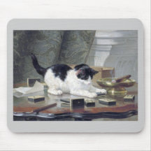 Tuxedo kitten playing dominoes painting gift mouse pad