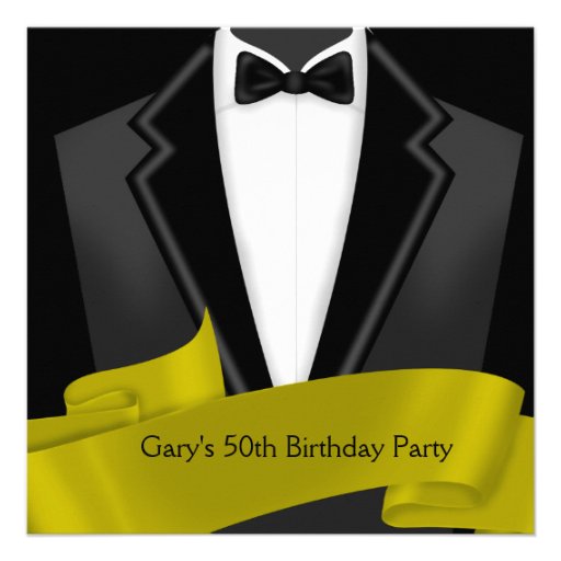 Tuxedo Mans Black Gold 50th Birthday Party Custom Announcement