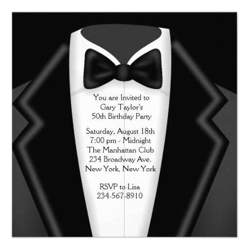 Tuxedo Mans Black Gold 50th Birthday Party Custom Announcement