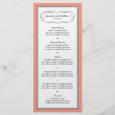 Tuxedo Wedding Menu in Coral and Gray Rack Card Template by maboles