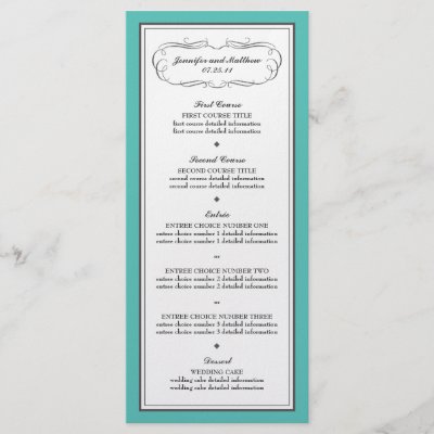 Tuxedo Wedding Menu in Turquoise and Gray Rack Cards