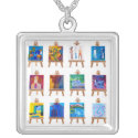 Twelve mini paintings on easels isolated on white necklace