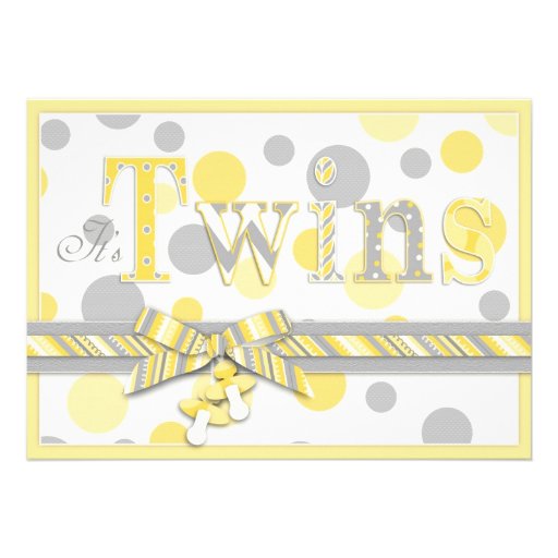 Twin Babies Yellow Gray Dots Baby Shower Custom Invitation