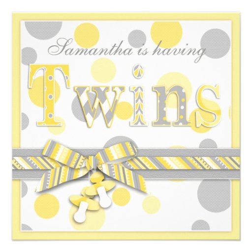 Twin Babies Yellow Gray Dots Baby Shower Custom Invites (front side)
