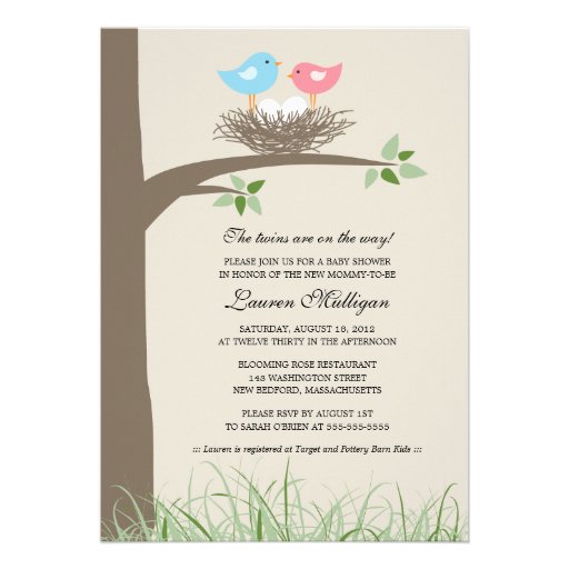 Twin Baby Bird's Nest Baby Shower Announcement (front side)