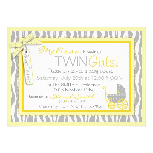 TWIN Baby Carriage, Zebra Print Yellow Baby Shower Personalized Invitation