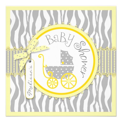 TWIN Baby Carriage, Zebra Print Yellow Baby Shower Custom Invites