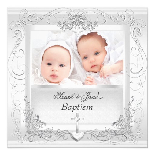Twin Baby Girl Boy Christening Baptism White Invites (front side)