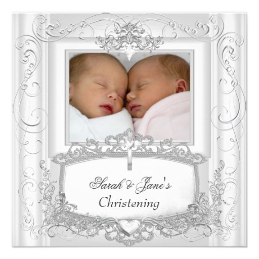Twin Baby Girl or Boy Christening Baptism White Announcements