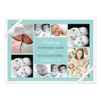 Twin Baby Photo Collage Baby Announcement | Teal