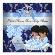 Twin Baby Shower Boys Blue Little Prince Crown 5.25" Square Invitation Card