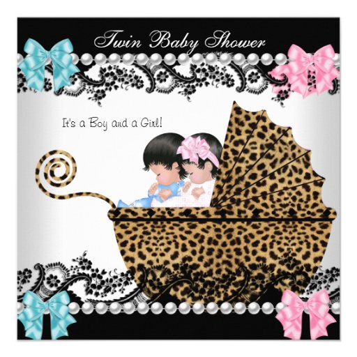 Twin Baby Shower Cute Girl Pink Boy Blue Leopard Custom Announcements