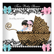 Twin Baby Shower Cute Girl Pink Boy Blue Leopard 5.25" Square Invitation Card