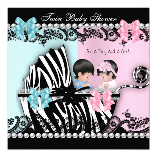Twin Baby Shower Cute Girl Pink Boy Blue Zebra 2 Custom Invitation