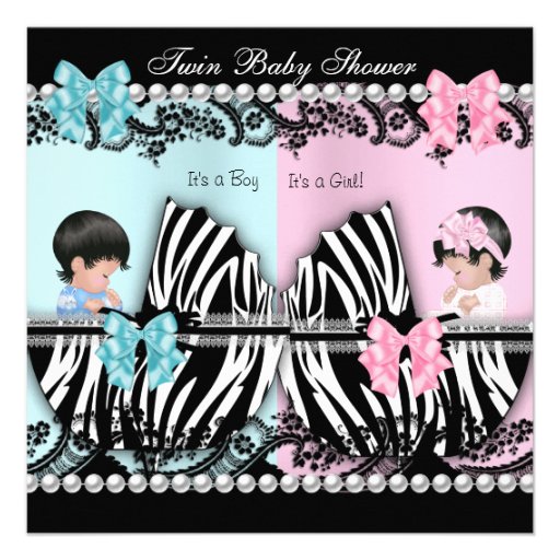 Twin Baby Shower Cute Girl Pink Boy Blue Zebra Announcement