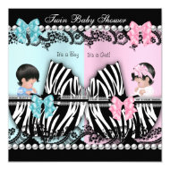 Twin Baby Shower Cute Girl Pink Boy Blue Zebra 5.25" Square Invitation Card