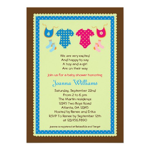 Twin Boy and Girl Baby Shower Invitation from Zazzle.com