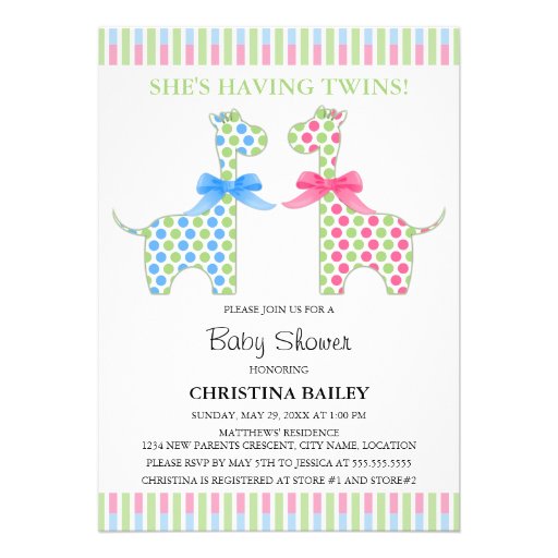 Twin Boy and Girl Giraffe Baby Shower Custom Announcements (front side)