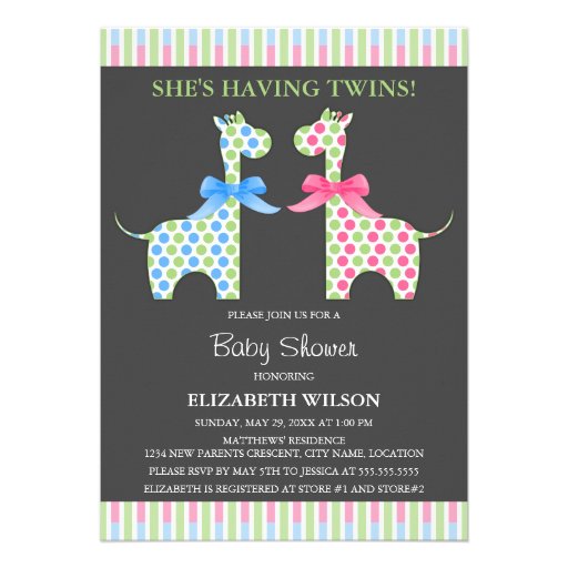 Twin Boy and Girl Giraffe Baby Shower Personalized Invitations (front side)