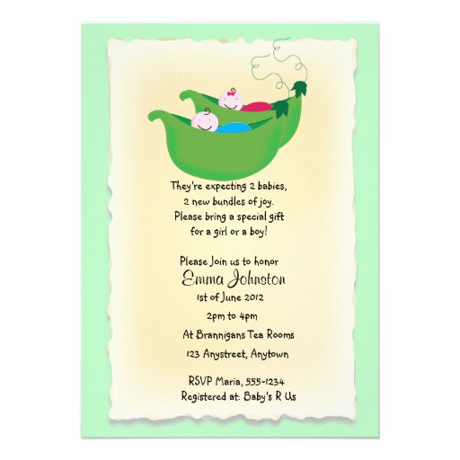 Twin boy and Girl Peas in a Pod baby shower invite (front side)