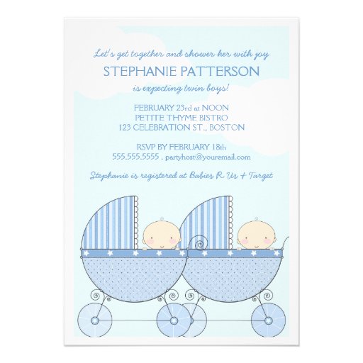 Twin Boy Blue Carriage Happy Baby Shower Invite