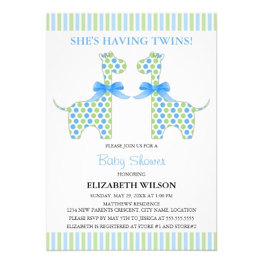 Twin Boy Giraffe Baby Shower Personalized Announcement (front side)