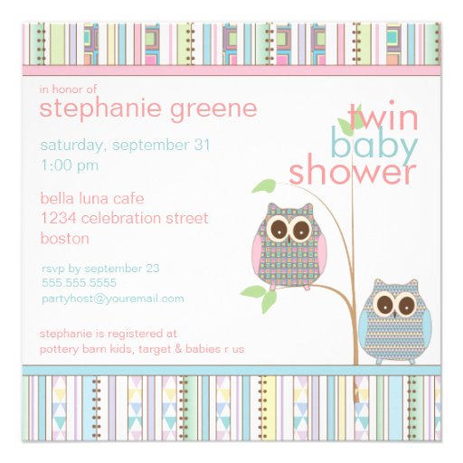 Twin Boy & Girl Baby Owl PInk & Blue Baby Shower Invite