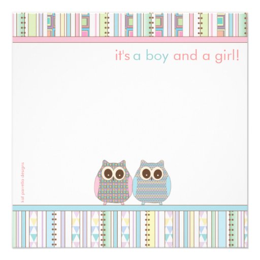Twin Boy & Girl Baby Owl PInk & Blue Baby Shower Invite