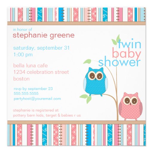 Twin Boy & Girl Baby Owl PInk & Blue Baby Shower Custom Announcement