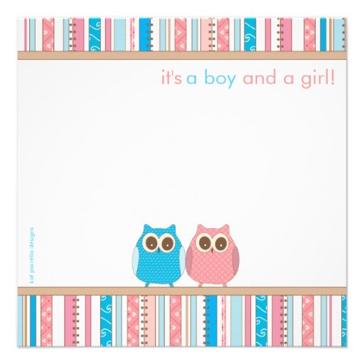 Twin Boy & Girl Baby Owl PInk & Blue Baby Shower Custom Announcement