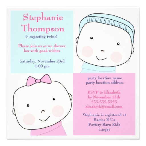 Twin Boy Girl Blue Pink Baby Shower Invitation