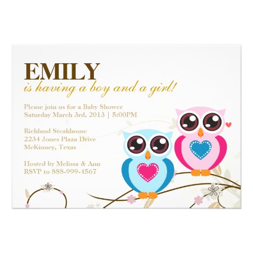 Twin Boy & Girl Owls Baby Shower Invitation