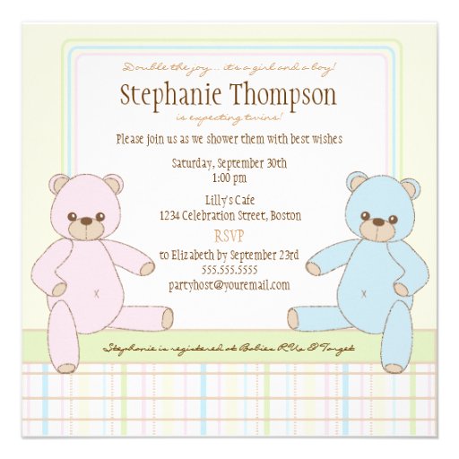 Twin Boy Girl Teddy Bears Baby Shower Invitation
