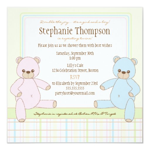 Twin Boy Girl Teddy Bears Baby Shower Invitation Twin Boy Girl Teddy Bears Baby Shower Invitation