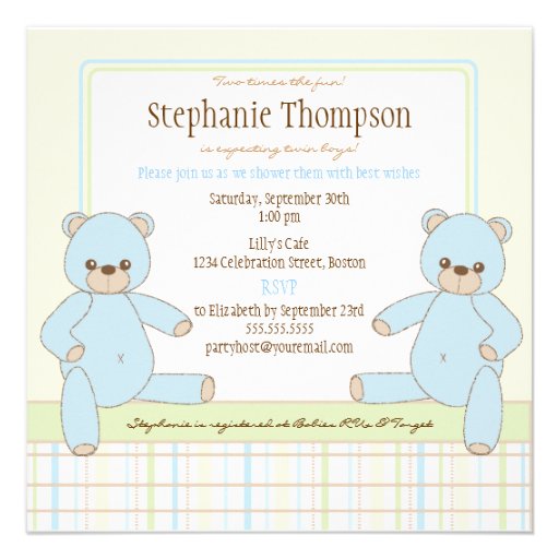 Twin Boy Teddy Bears Baby Shower Invitation