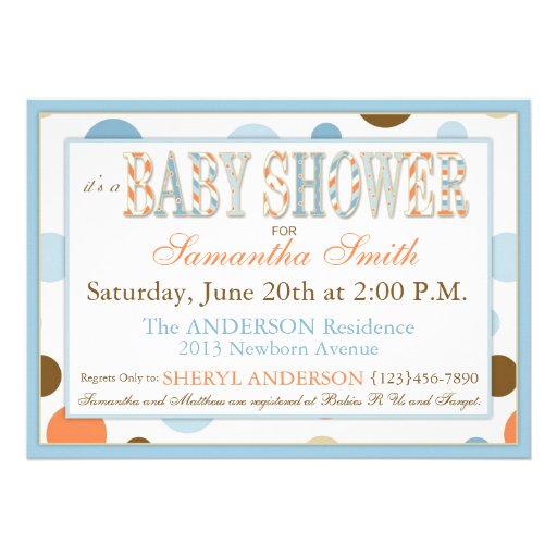 TWIN BOYS Blue Orange Brown Dots Baby Shower Announcements
