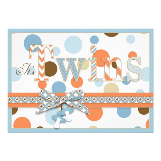 TWIN BOYS Blue Orange Brown Dots Baby Shower Announcements