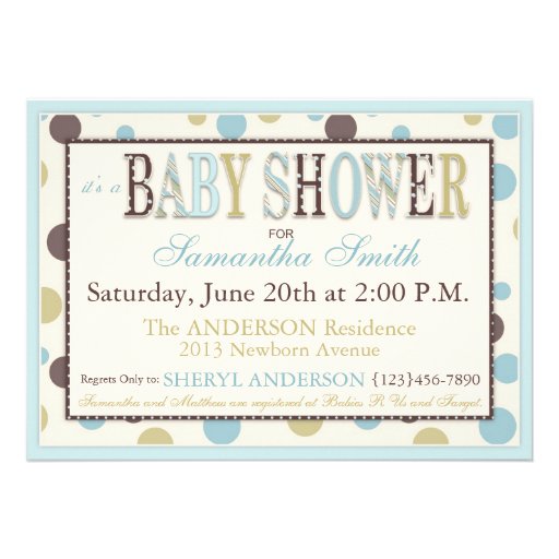 TWIN BOYS Blue Sage Brown Dots Baby Shower Invitation