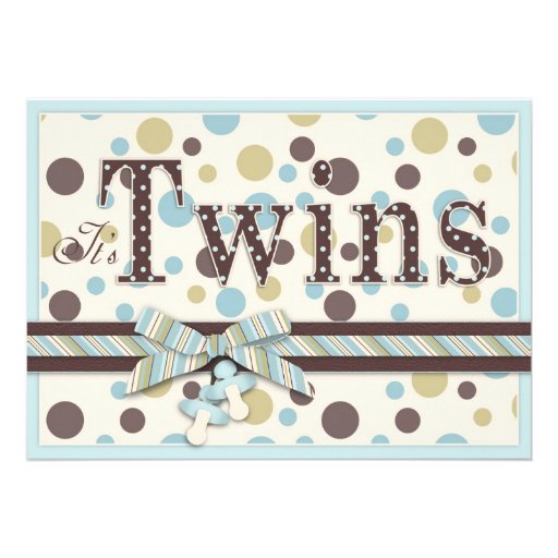 TWIN BOYS Blue Sage Brown Dots Baby Shower Invitation (front side)
