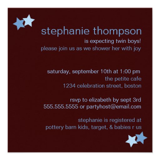 Twin Boys Blue Stars on Brown Baby Shower Custom Invite