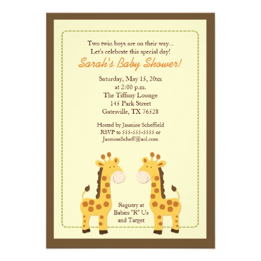 Twin Boys Giraffe 5x7 Baby Shower Invitation