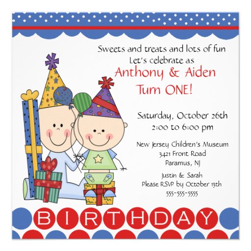 Twin Boys Stick Figure Twins Birthday Invitation