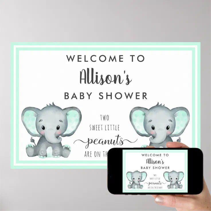 Twin Elephants Mint Baby Shower Welcome Poster Zazzle