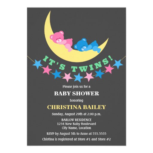 Twin Girl and Boy Teddy Bear Baby Shower Custom Invites