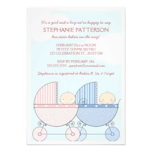 Twin Girl & Boy Carriage Happy Baby Shower Announcement (front side)