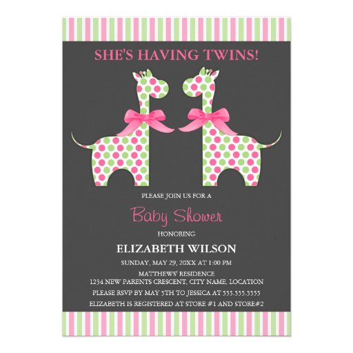 Twin Girl Giraffe Baby Shower Personalized Announcements